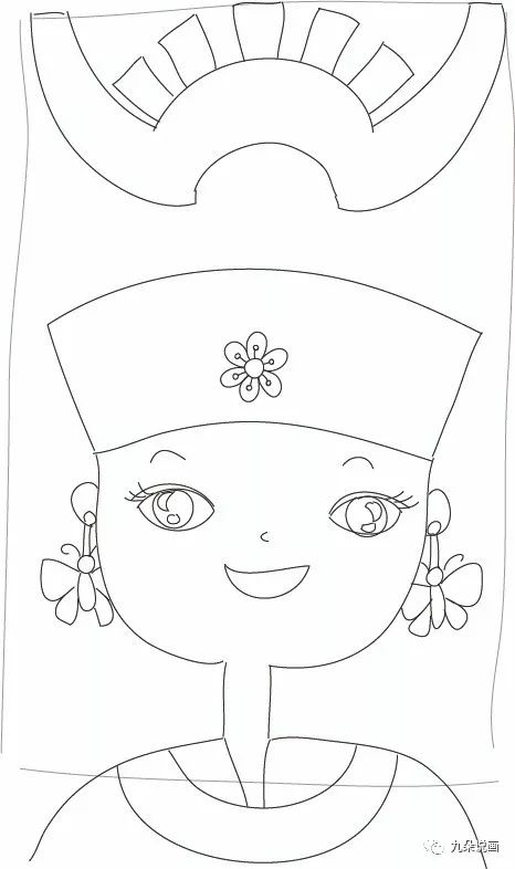 步骤5：画出五官以及耳坠、项圈的大轮廓。都用线条表示，耳坠的样式可以画成自己喜欢的动物或植物的样子。
