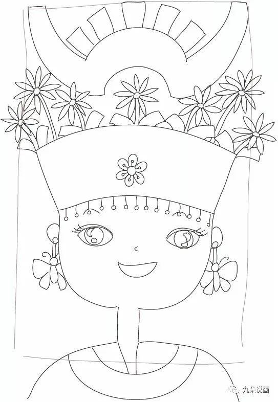 步骤6：在头部和牛角状银饰之间的空白处以及最开始画的扇形的造型上加上装饰，这个也是银饰饰品的一部分，九朵老师画的花朵，因为花朵在女孩子的头饰中用的最多，寓意美丽、美好。大家可以参考，也可以换成其它的造型，如：蝴蝶、鱼、蝙蝠等。画完这一步，起型部分就完成了一大半啦。