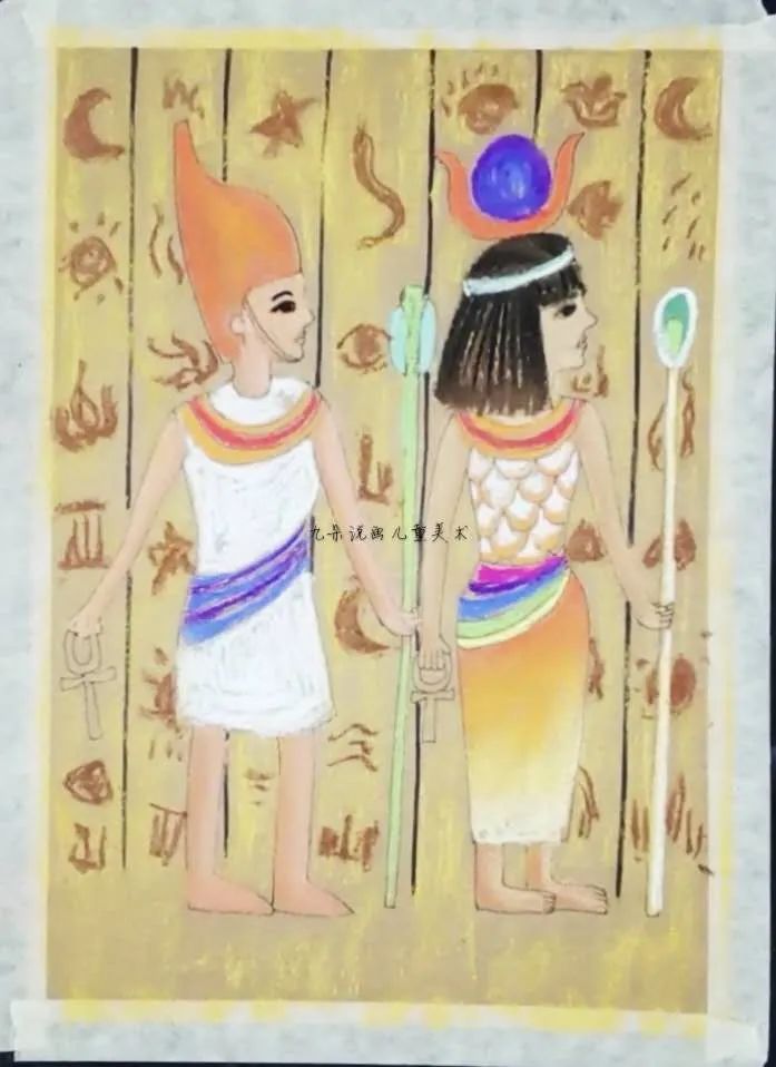 步骤4：背景用土黄色涂色，不需要太的均匀，可以露出牛皮纸的颜色。用棕色画出象形文字。