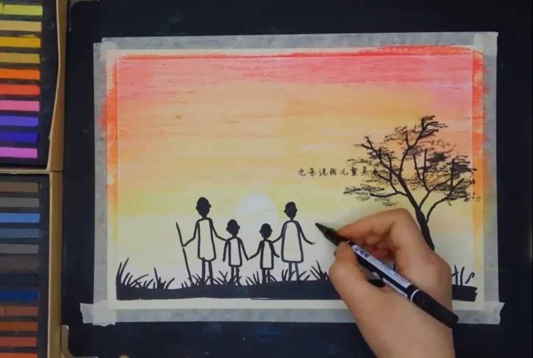 步骤5：继续用黑色记号笔画出非洲土著黑人的背影。