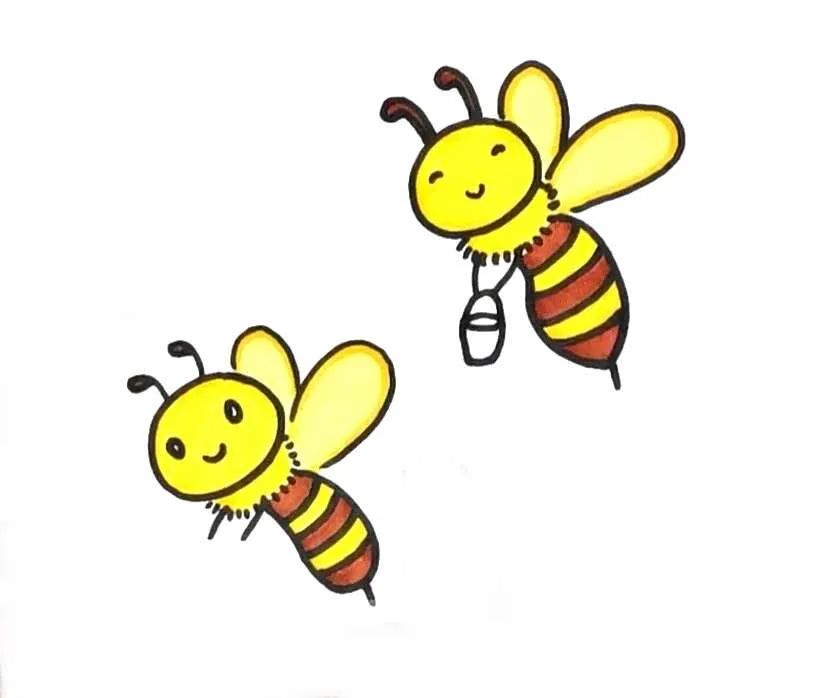 步骤2：用黄色和棕色的马克笔给小蜜蜂涂上颜色。没有马克笔可以用水彩笔、彩铅或油画棒代替都可以。
