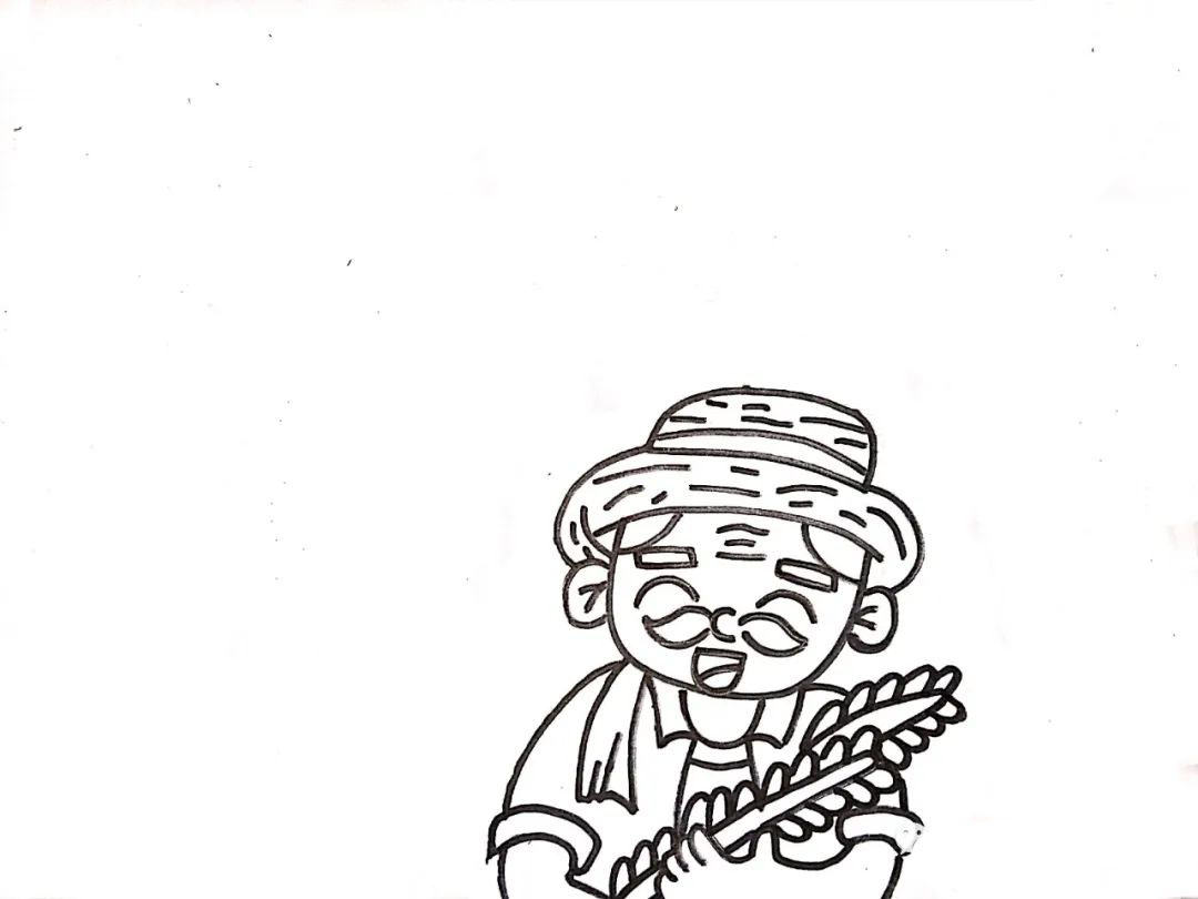 步骤1：首先，在卡纸的正中间下方画出辛勤的农民伯伯