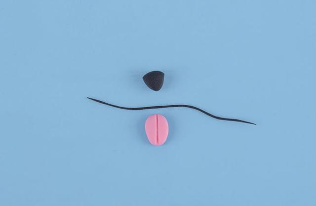 步骤4：做出黑色的小鼻子，红色的小舌头，再揉一根黑色细条备用。