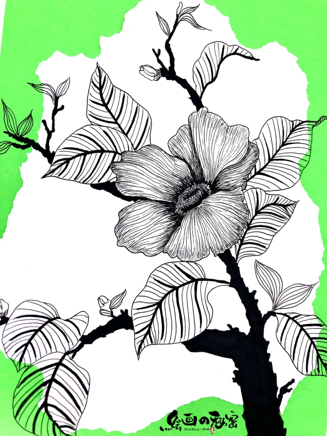 步骤5：步骤五：根据画面中的黑白灰关系，将枝干塑造成黑面元素，增强画面的黑白灰对比关系。