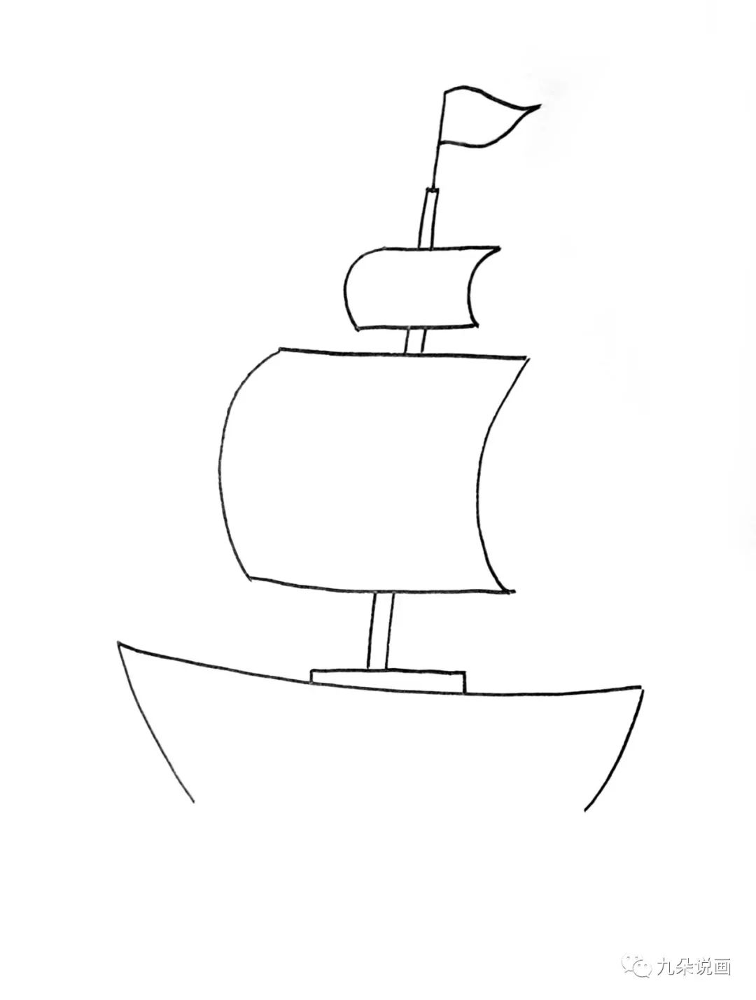 步骤3：再画上旗杆和顶端的旗帜，注意旗帜要有迎风飘动的感觉，不能画直线。