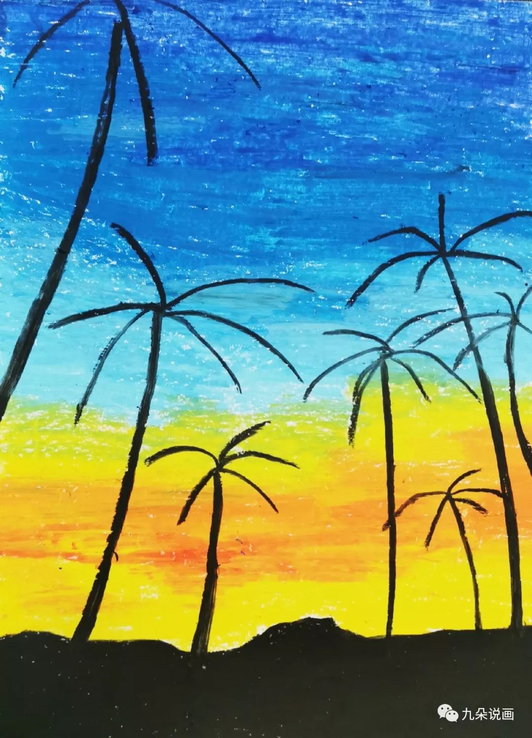 步骤7：继续用黑色画出椰子树叶的叶茎。