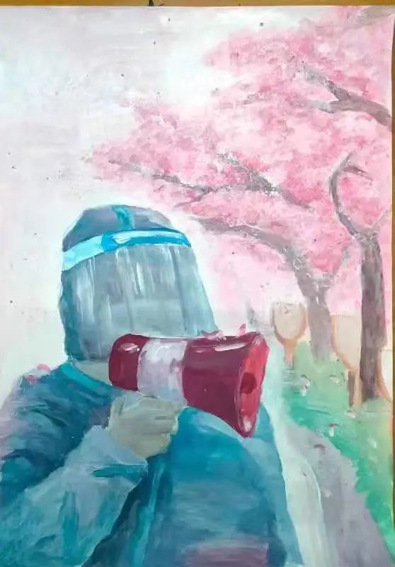 步骤1：《“零”与春》创作感悟：  “零和春天都不会让大家久等”是世界人民的心愿。以粉色为基调创作的这幅画就是象征春天来临万物复苏，大白手握喇叭也仿佛是在呼唤抗疫成功的到来，相信被疫情压抑着的我们很快也能如同这片紫荆花一样战胜冬天。最初的灵感是每天辛苦帮我们测核酸的大白和学校的紫荆花树林，接着在收集素材期间看到了微博人民网发布的抗疫海报。因此我学习了海报的构图，并且用丙烯画的方式将大白与紫荆花结合起来。