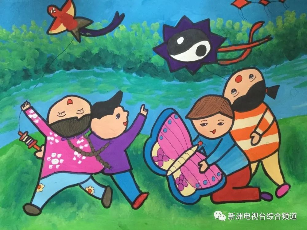 步骤2：创意说明：温暖的春风又吹遍了人间，我多么想念和小伙伴们一起在河边放风筝的美好时光！  点评：画面线条十分流畅，有虚实对比。画面中的小朋友们欢快地放着风筝，独具特色的太极风筝体现着中华文化刚柔并济的精髓。饱和度较低的绿色背景更显衬了小朋友们的鲜艳夺目，画面有很强的视觉冲击力，突出了主题。