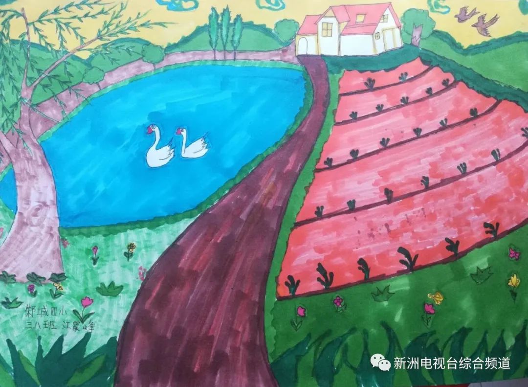 步骤4：创意说明：春风拂柳，它带着春的祝福与希望，让万物复苏,到处一片生机勃勃的景象。一场突如其来的新冠病毒，在2019年的冬天肆虐武汉，是伟大的逆行者们如春风般带给了我们生机与希望。  点评：“拂堤杨柳醉春烟”，采用交叉线构图的方式，从近处的小花、柳树，到湖里的天鹅，再到远处的房屋、天空的小鸟，层次分明，使画面的纵深感非常强烈，更显天朗气清，惠风和畅。