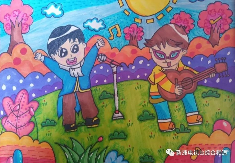 步骤4：创意说明：春天的小演奏家  在春天一个阳光明媚的早晨，两个小演奏家在草地上排练呢，身着演出服，在草地上快乐的演奏着悦耳动听的音乐。  点评：整个画面的节奏非常的好，尤其是粗细、虚实变化，在构图上也注意到我们物体与物体之间的关系，造型把握的非常到位，特征表现的非常明显，画面中的线条非常简括、挺拔，整个画面装饰的非常有力量。一下子就把人带入了一个五彩斑斓的春天里！