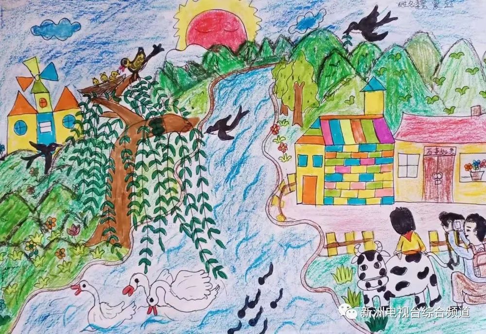 步骤5：创意说明：春暖花开，山上的小草悄悄冒出了头，树枝上也爬满了绿色的嫩芽，燕子也飞回来了。等到疫情结束，我就可以和爸爸妈妈一起出去看看外面那美丽的景色。  点评：春天万物复苏，宝贝将自己生活中的观察，一一的表现出来。好一幅田园风光图跃然纸上，令人心旷神怡。