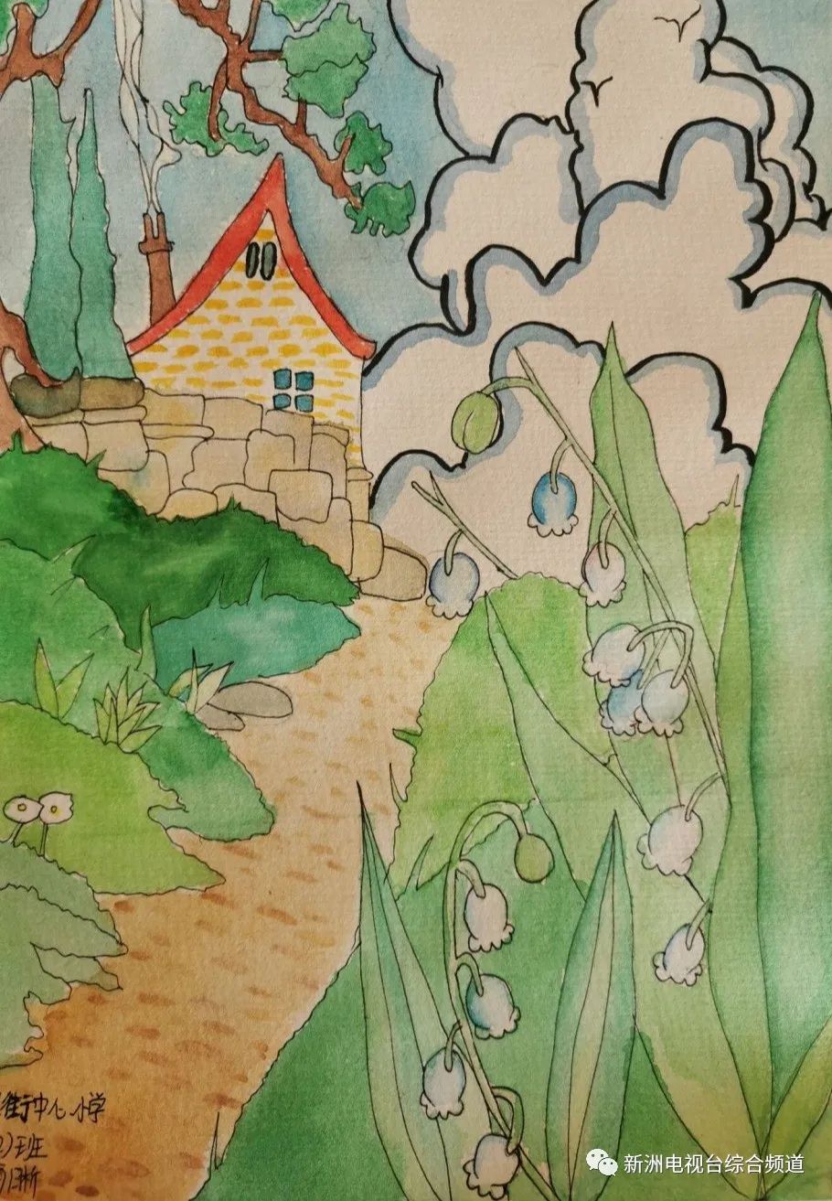 步骤6：创意说明：寒冬已去，万物复苏。春姑娘给大地母亲披上了一件绿绿的花衣裳。花儿争相怒放，我走在乡间的小路上，感受这美好的春天气息，原来大自然是这么的美丽动人。我们一定要珍惜大自然给予我们的一切，保护她，爱护她，让我用画笔来记录下这美丽的春天吧！  点评：用笔大胆放松自然，落笔成型；整个画面效果和谐美好，春天的气息扑面而来！