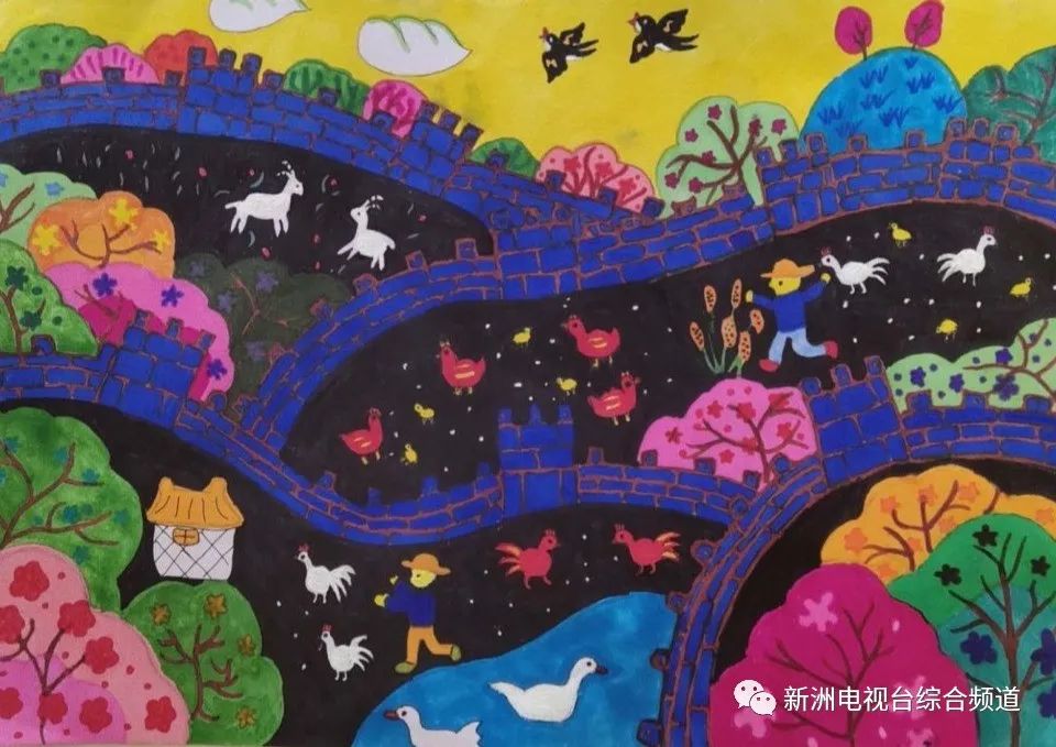 步骤8：创意说明：经过漫长的七十多个日夜，祖国妈妈终于迎来了春天，到处繁花似锦，一片祥和！愿祖国妈妈繁荣昌盛！幸福安康！  点评：这样的春天繁花似锦。整体构图丰富完整，画面饱满生动。小画家借鉴了农民画的绘画风格让所有人都心驰神往，羡慕不已，其画面塑造得其乐融融欢快无比！