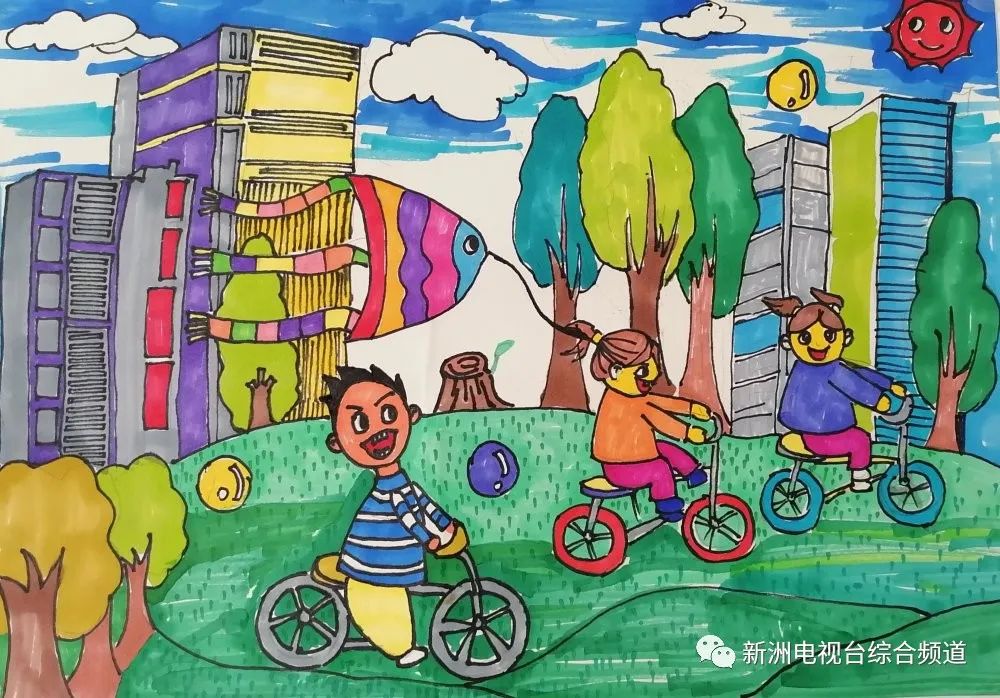 步骤9：创意说明：和暖的春风拂面，夹着新翻的泥土的气息，裹着青草味儿，伴着各种花香，我和我的小伙伴骑着自行车、放着风筝在春天里愉快的玩耍。在湿润的空气里酝酿我们七彩梦想。  点评：这幅画的平衡感很不错，对色彩的掌控程度非常好。画面很有空间感。