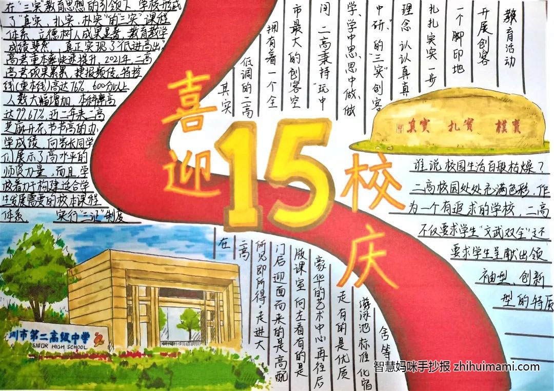 步骤9：设计理念：引人注目的大字“15”和跃然纸上的红飘带，代表着二高这15年所创造的辉煌且耀眼的成绩：重本率稳步提升，深圳市高考工作卓越奖等奖项数不胜数。二高的校园风光也是博人眼球，宏伟大气的二高校门展现了青春年少的活力和魅力。二高的教育理念更是内蕴丰厚，“真实、扎实、朴实”的三实理念已经在每个二高人的心中生根、发芽。