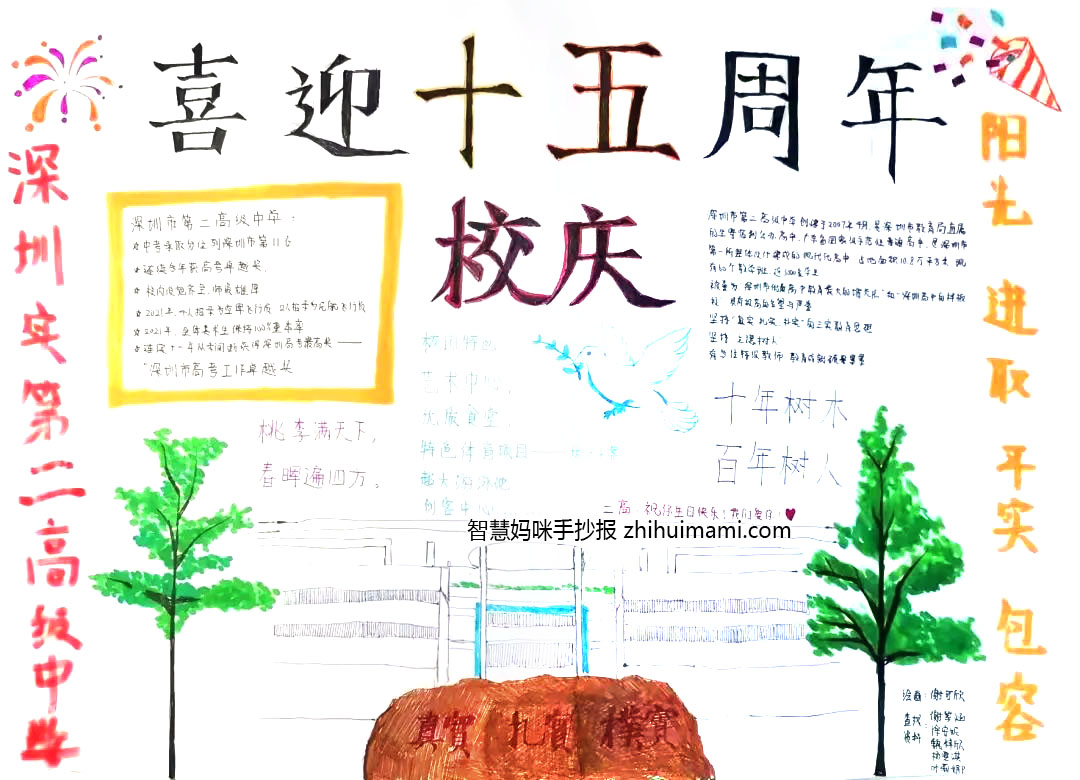 步骤9：设计理念：标题左边的烟花和右边的彩带相互对称，以突出我们对15周年校庆的祝贺之情。图画中心特写校园景色，勾勒出学校大门的轮廓，并画了一只白鸽，既展示了二高的整体风貌，又是我们对二高赞颂之情的热情表达。配文部分包括二高建校以来获得的成就和校训校风。