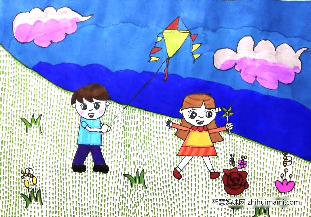 步骤3：又是一个春暖花开的季节，蓝蓝的天空飘着朵朵白云，花儿张开笑脸和蝴蝶蜜蜂一起跳舞，小朋友在绿油油的草地上快乐的放着风筝。