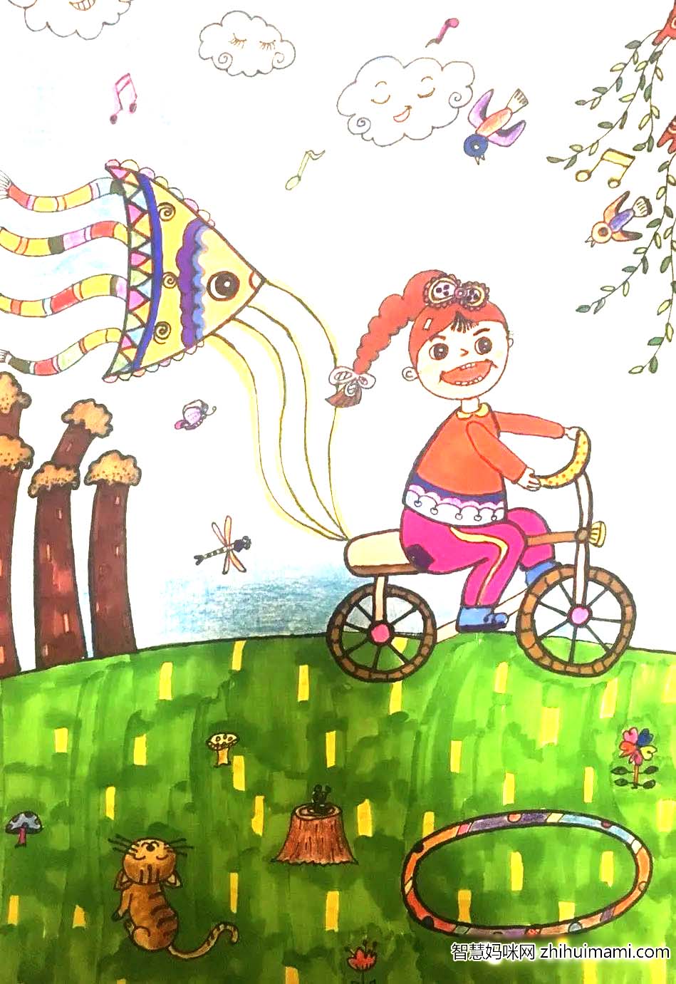 步骤4：春天在哪里呀？春天在哪里？春天在那柔柔的白云里；春天在那摇曳的柳枝里；春天在那青翠的草地里；春天在那小鸟高歌、蜂飞蝶舞里；春天在那小朋友的欢声笑语里……春，是一个跳动的音符，带来生机盎然，万紫千红。