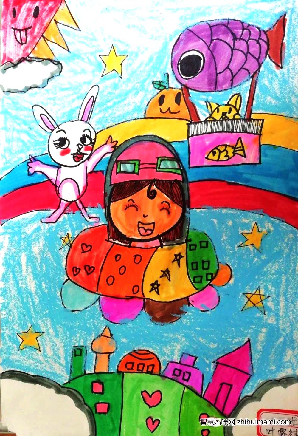 步骤7：春天来临，我遨游在春天里，看见了红火的太阳和亮闪闪的星星，看见了彩虹桥上开心玩耍的小白兔，看见了小鱼热气球上的可爱猫咪，看见了远处美丽的城堡，还看见了五颜六色的花草，春天多美好！