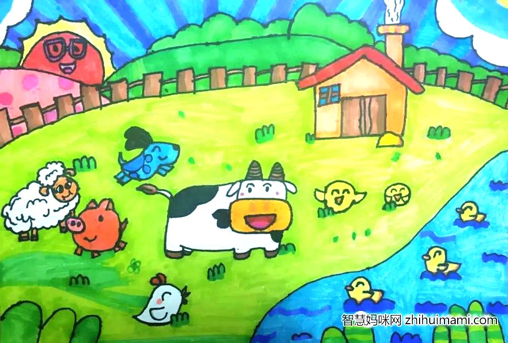 步骤9：春天万物苏醒，农场里的草都绿了，所有的动物们都在草地上欢快的奔跑着。