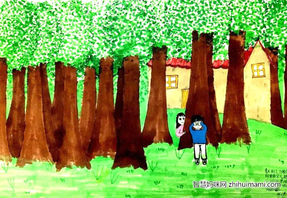 步骤6：春天到了，万物复苏，树林里的空气格外清新。在树林里孩子们正兴高采烈地玩着捉迷藏。