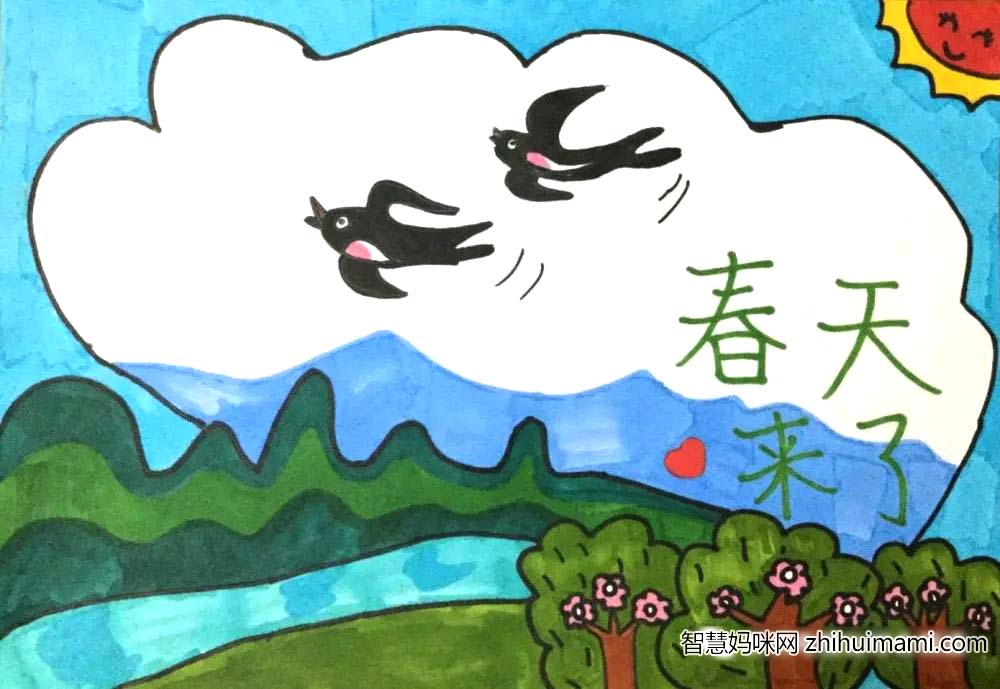 步骤2：春天来了，万物复苏，燕子从南方飞回来了，树上开花了，山上都长满了绿草！