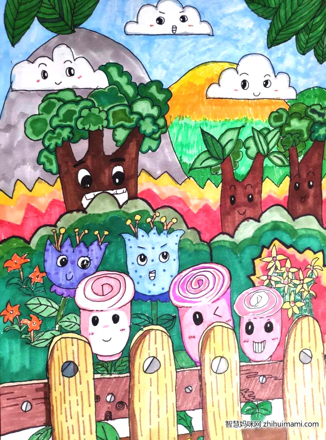 步骤1：春天来了，万物苏醒。树叶绿了，花儿争相开放，到处都呈现出一片生机勃勃的景象。