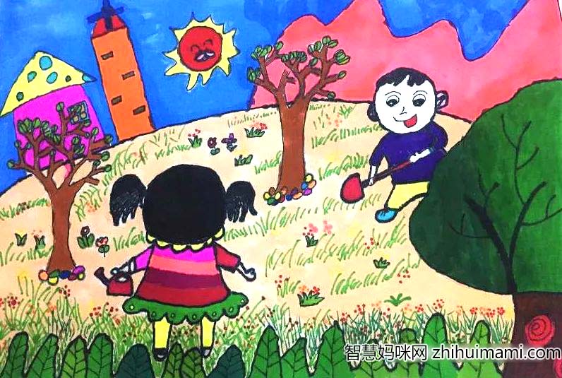 步骤3：春天的雨是绿色的，春天的花是糖果香味的，春天的孩子们是生机勃勃的，他们扛起铁锹，拎着水壶走进春天，走向大自然。你看！春天又增添了许多绿色！  