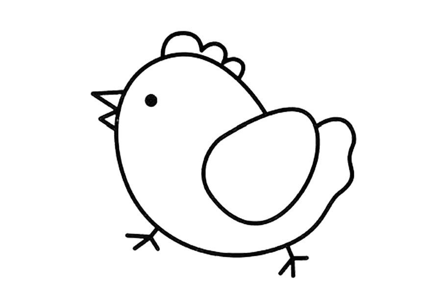 步骤4：画出鸡冠，嘴（喙）和“小”字形的脚。