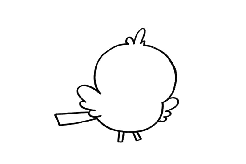 步骤2：画出小鸟的身体，身体两侧画上小鸟的翅膀，身下画上它的脚，身后画上长长的尾巴。