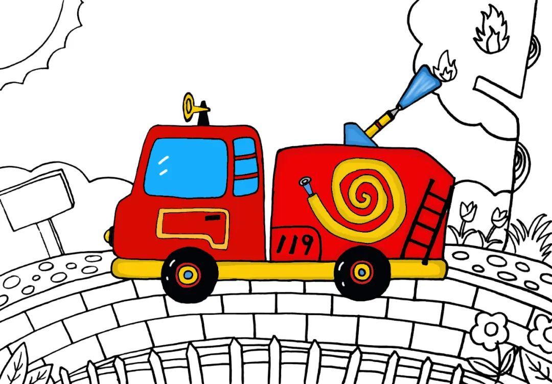 步骤4：用红色和黄色和蓝色给消防车上色。