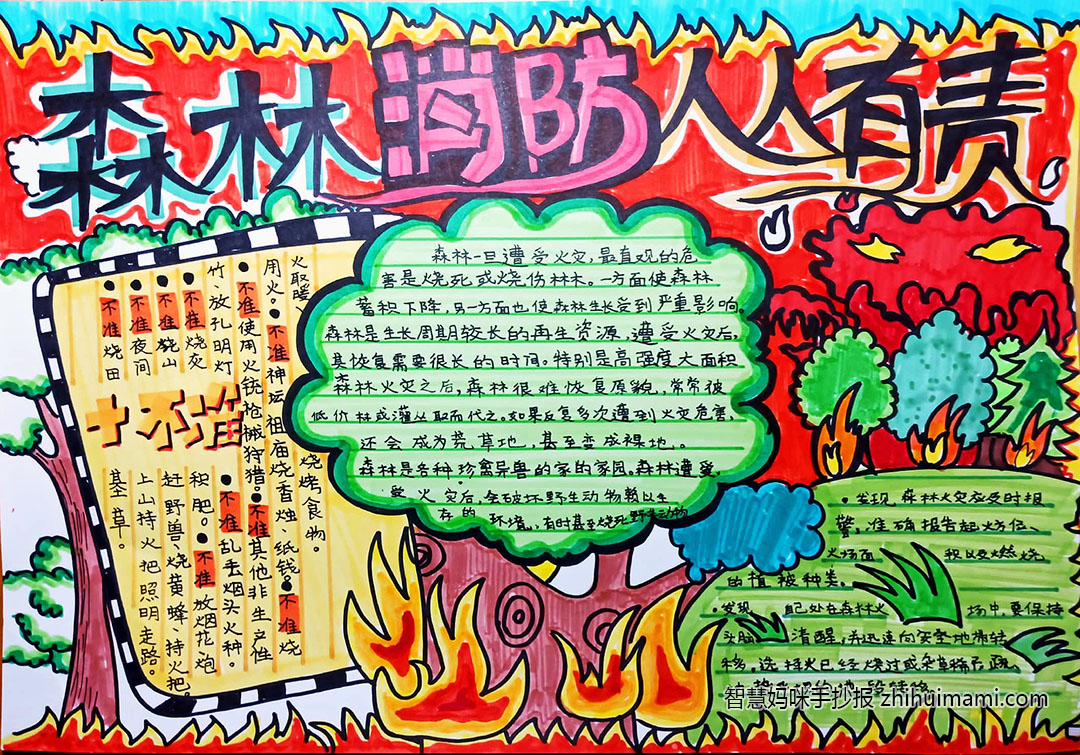 步骤1：《森林消防人人有责》作品以《森林消防人人有责》为主题，版面插画设计以树木草原为主，从画面中就能读懂内容，小报分三个版面，左边版面内容：十不准；中间版面内容：森林遭受火灾的危害；右边版面内容：发生森林火灾的措施，所有内容跟主题紧扣。