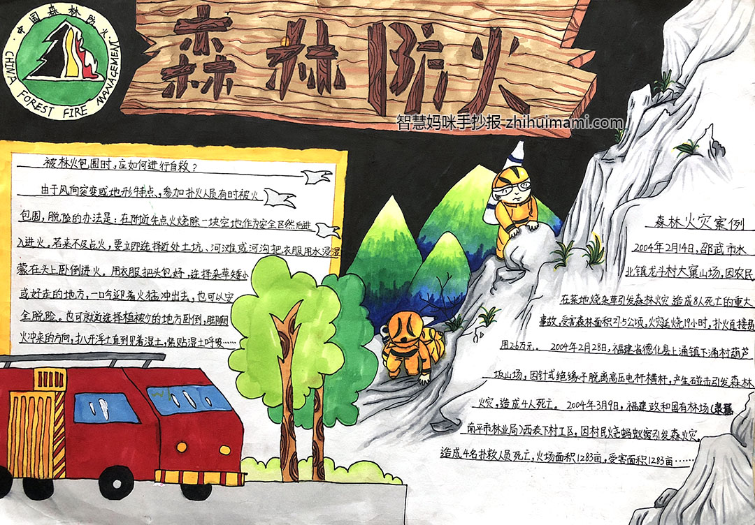 步骤9：《中国森林防火》作品简介:本次手抄报主题为“森林防火”，于是想到了消防元素及森林的元素——消防车、标志、草丛等，另外画有消防小队攀登高山救火的场景，加上自救案例的文字、警示森林防火很重要，让世人重视森林防火。