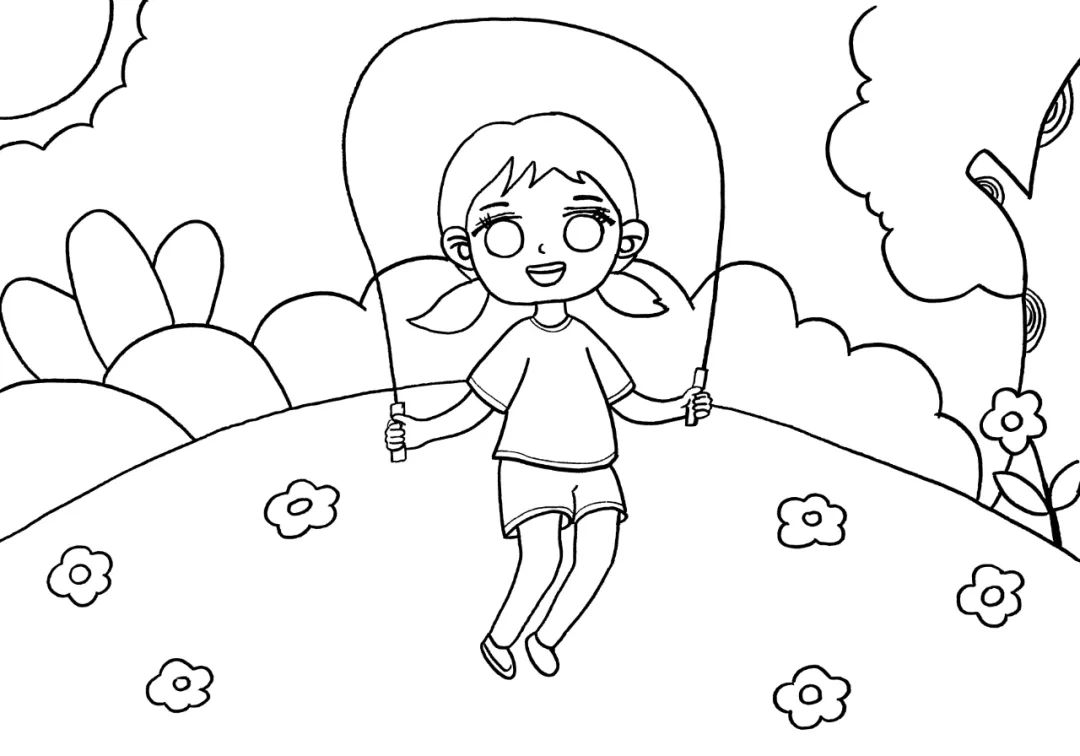 步骤2：丰富背景，草地，树木，花朵，太阳等轮廓。