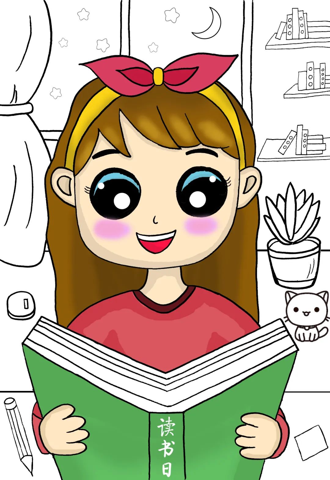 步骤4：用马克笔先给小女孩上色。