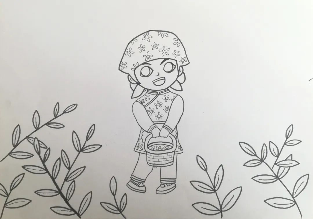 步骤2：在前景画出茶树枝条。