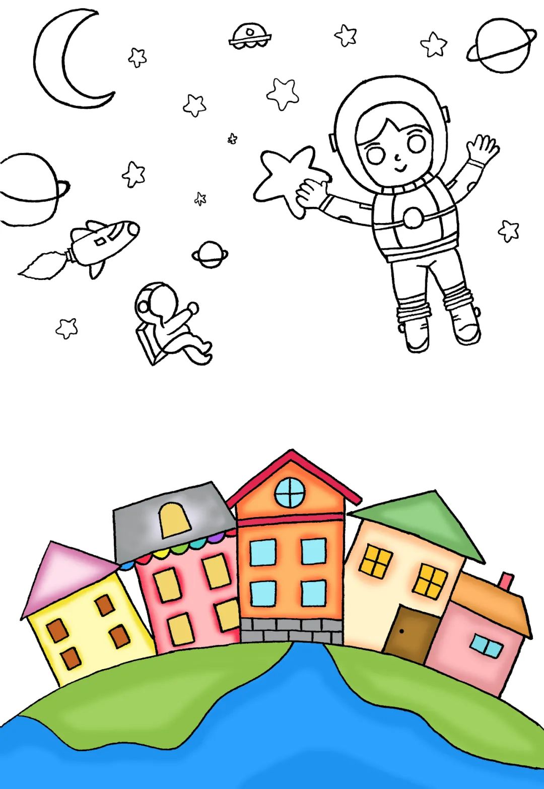 步骤4：先用马克笔给地球和房子上色。