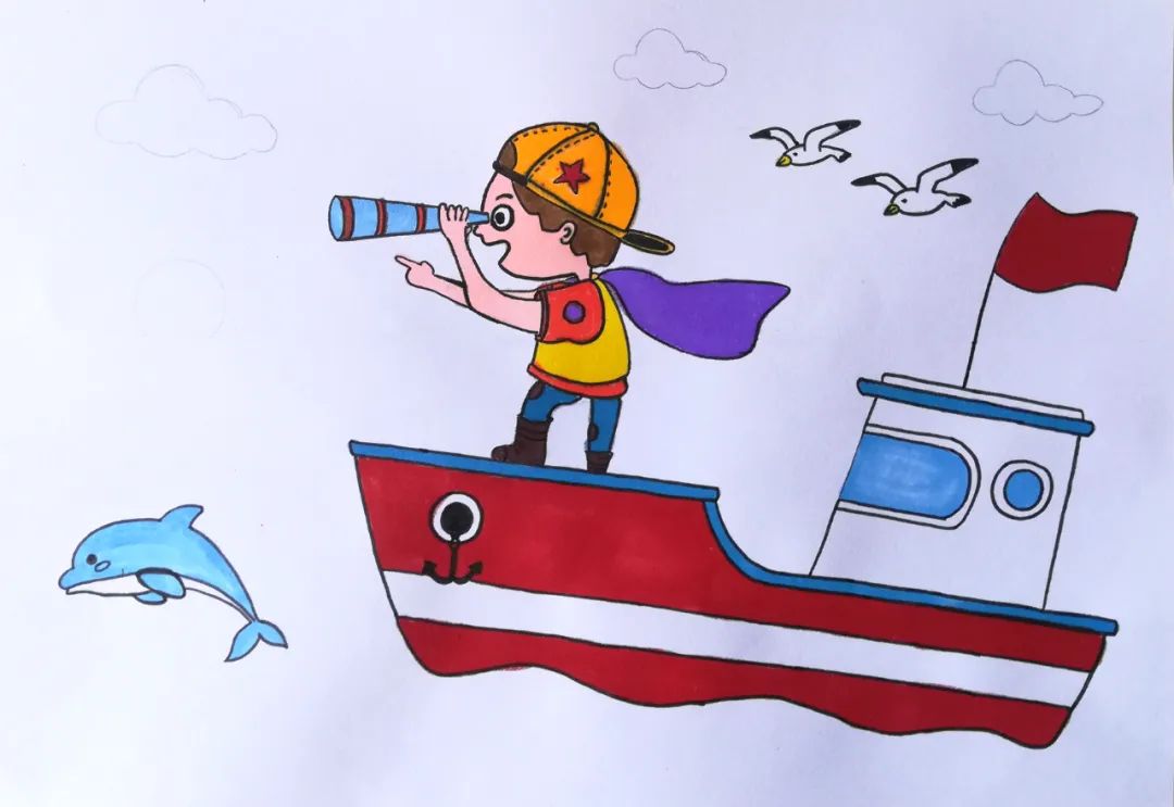 步骤3：用马克笔给海豚，船只，男孩上色。