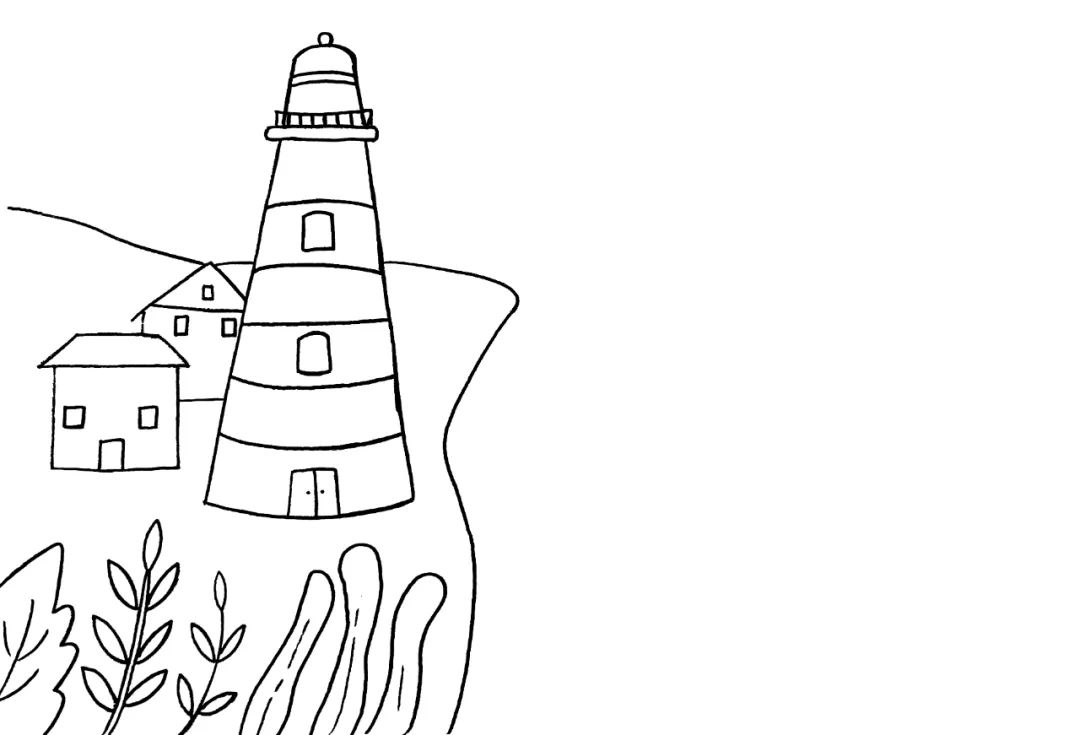 步骤1：先在画面左边画出海岸和灯塔及房子。