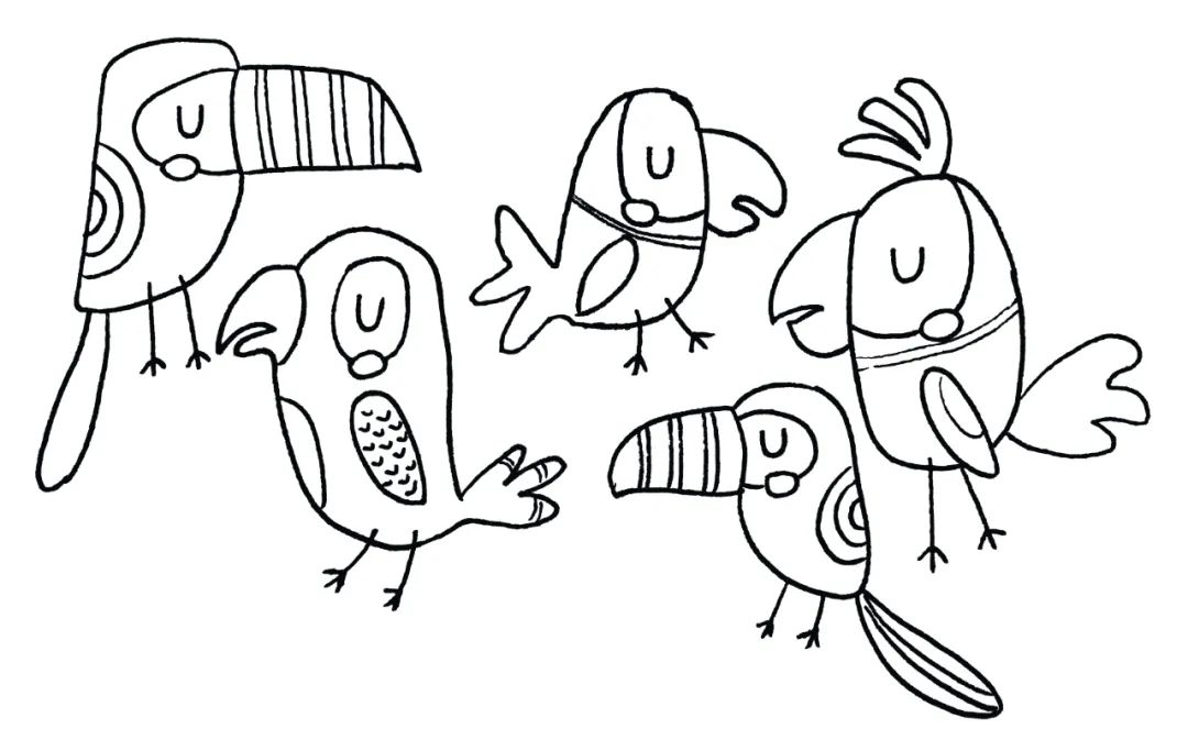 步骤2：在另一张纸上画出大小形态不一的鹦鹉。