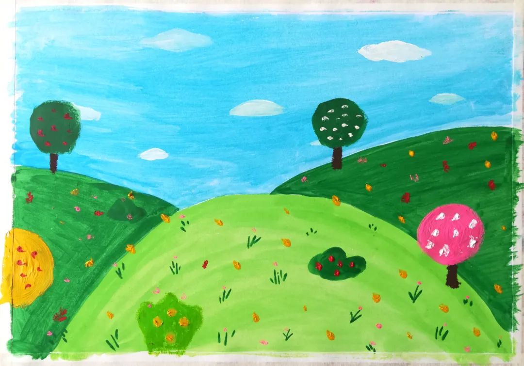 步骤2：给背景增加层次，画出树木和花朵。