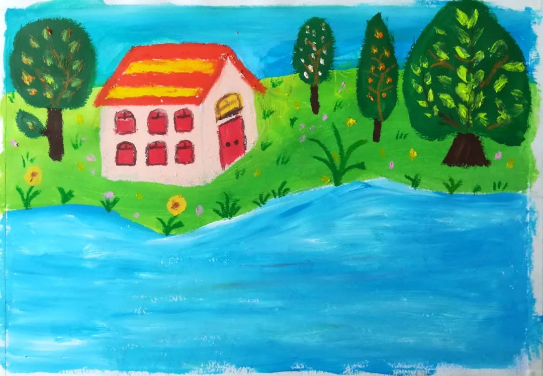 步骤3：继续给小房子和树木花朵上色。