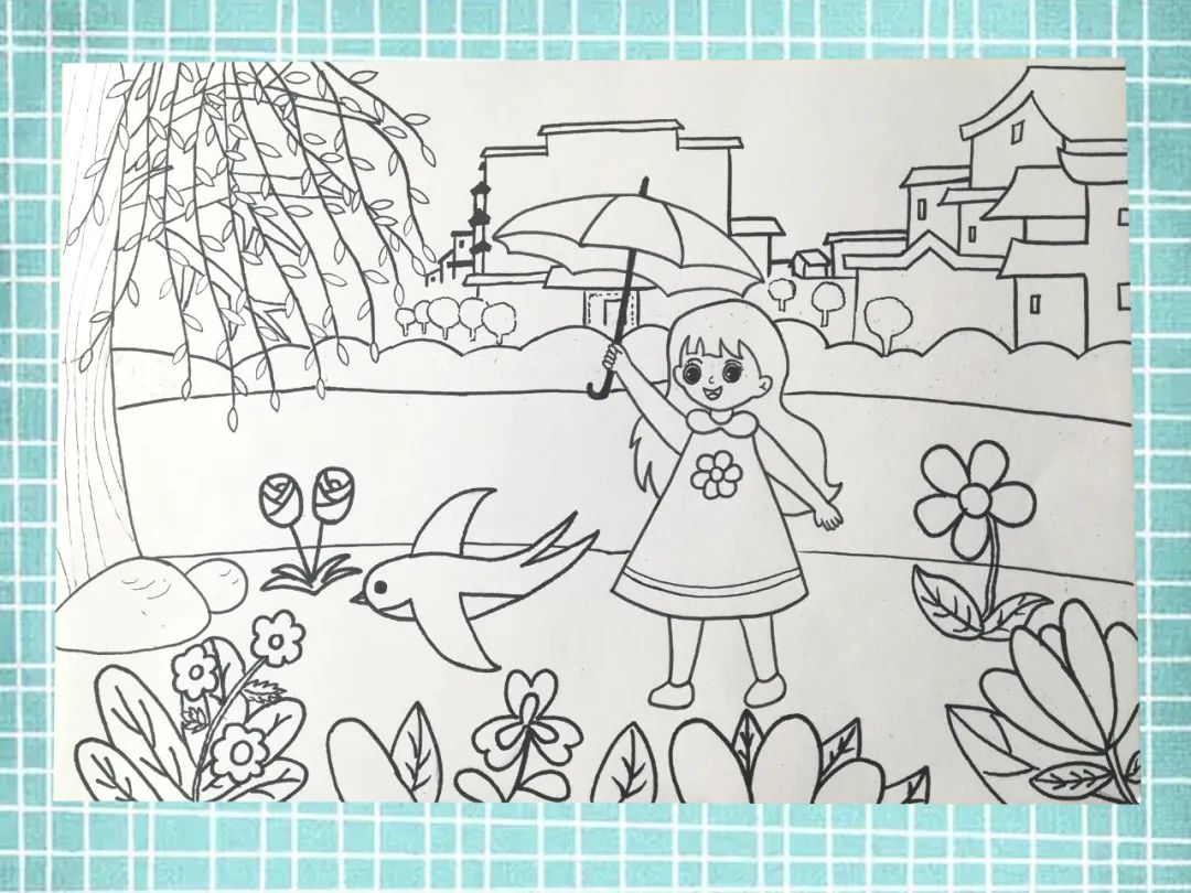 步骤4：将背景的河流，草地，花丛，树丛补充完整，线稿就完成了。