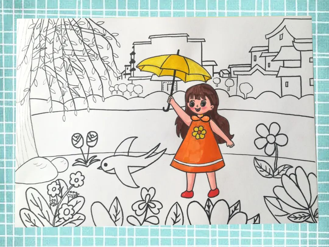 步骤5：先给打伞的小女孩涂上自己喜欢的颜色。