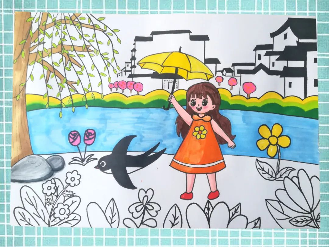 步骤7：江南建筑上色只用黑色涂部分。