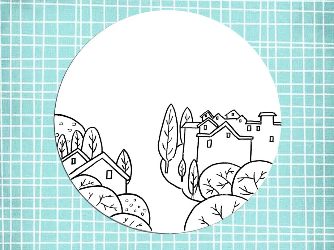 步骤4：继续在后方画出一片房屋和树木。