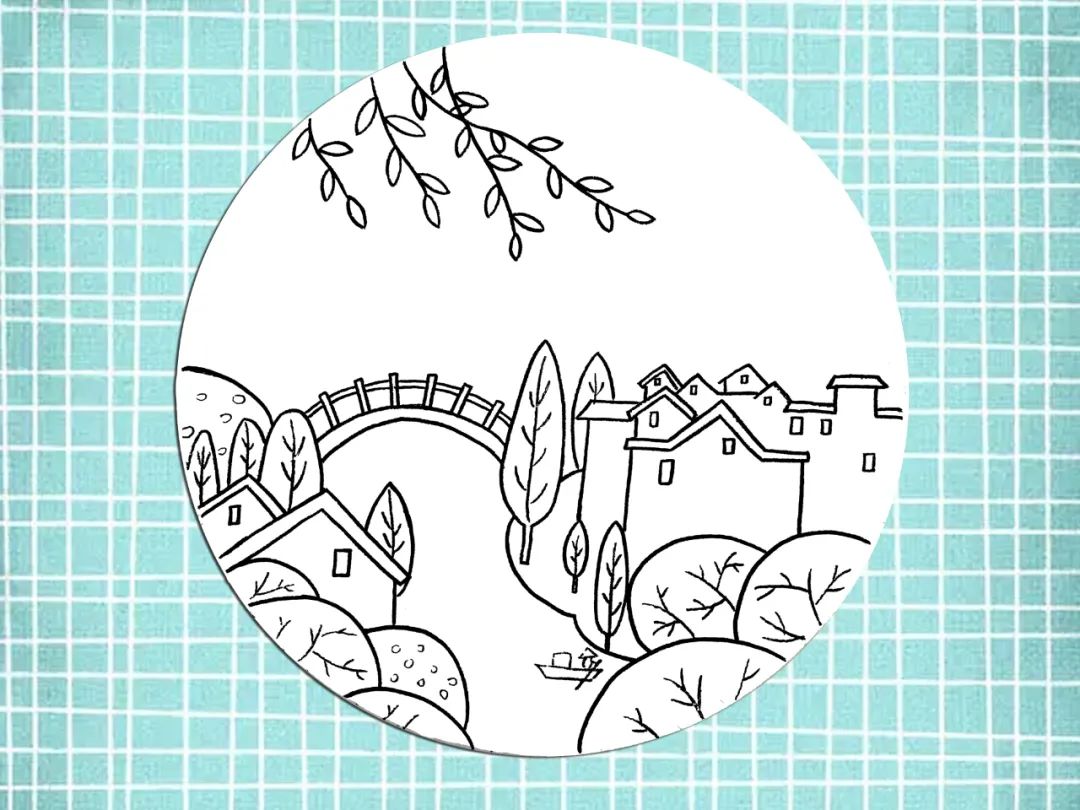 步骤5：画出小桥连接两岸，河流中的小船和空中的柳叶，线稿就画好了。