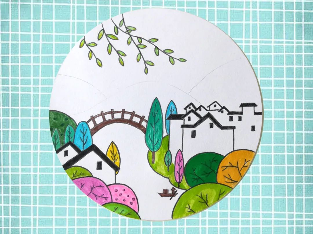 步骤8:将柳叶,小桥和小船涂上颜色.