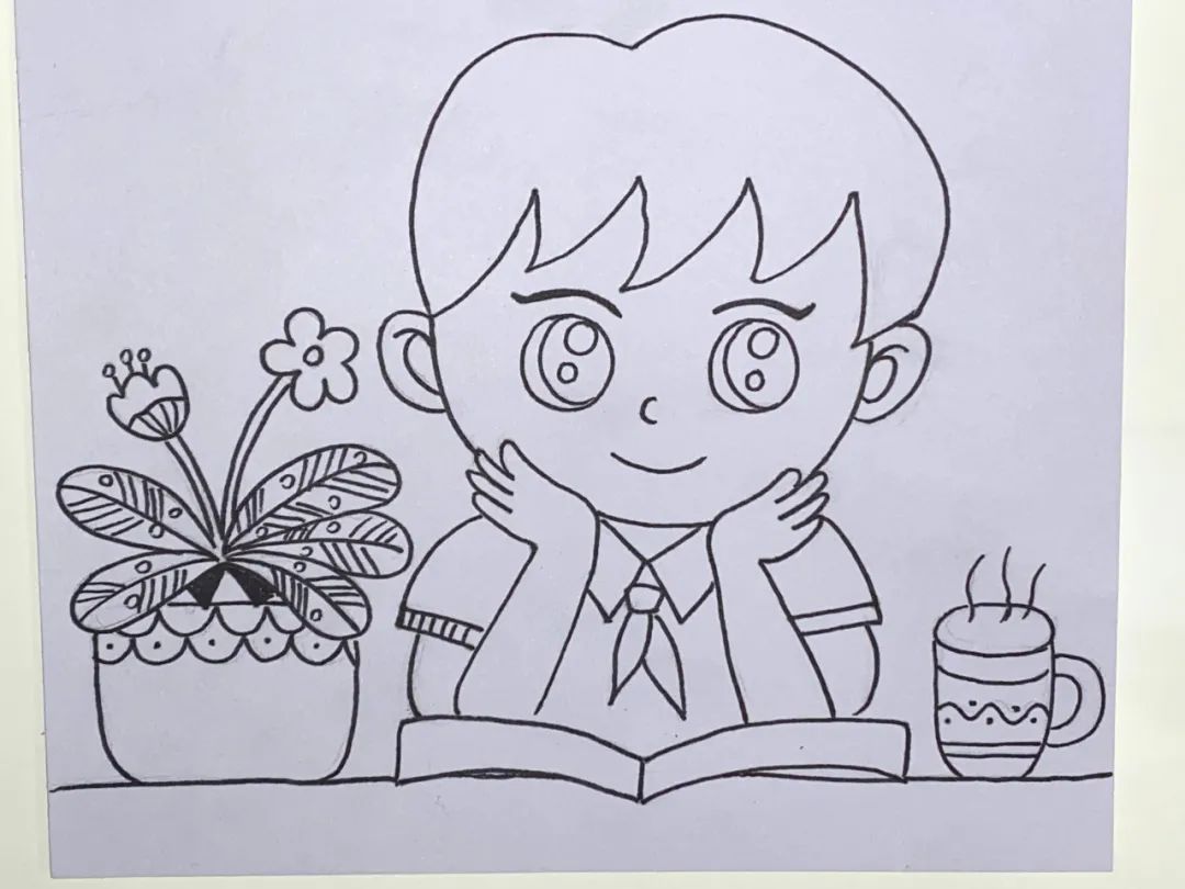 步骤1：先在纸张下半部分画出风华少年和书桌轮廓。