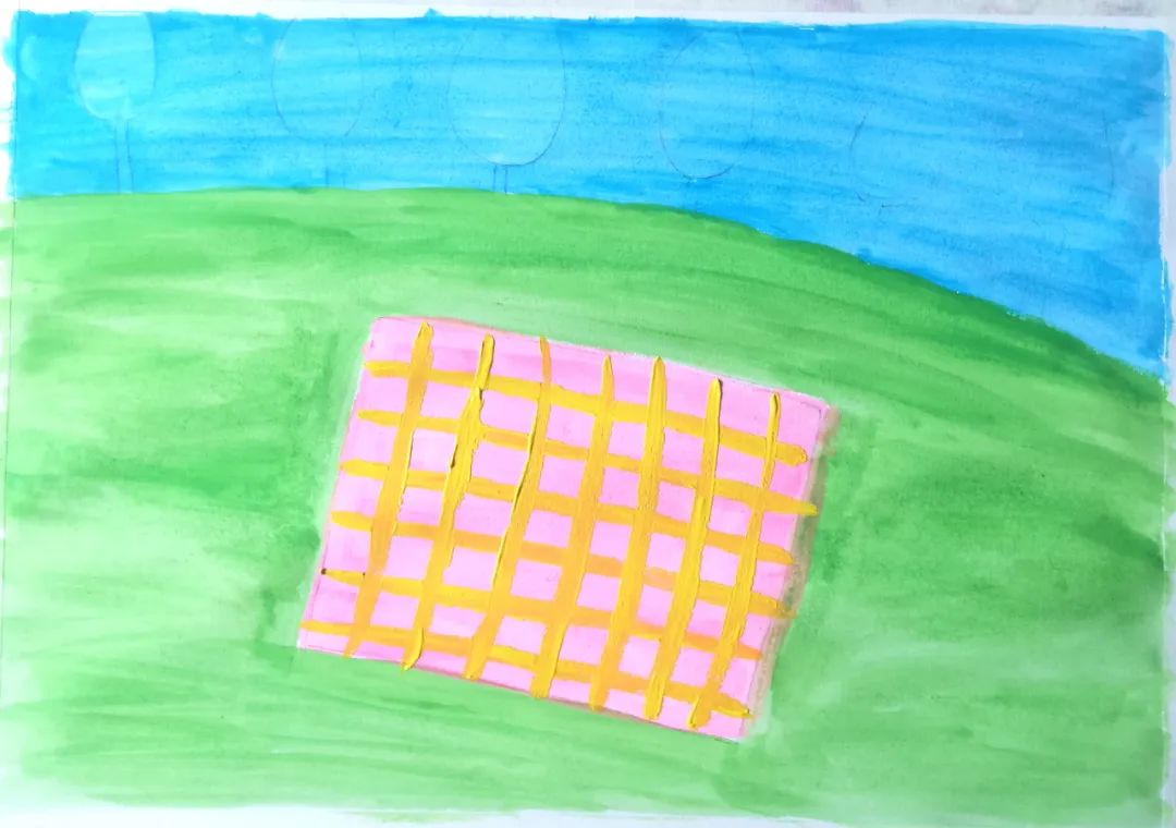 步骤2：用水粉颜料给天空、草地、毯子铺上漂亮的颜色。